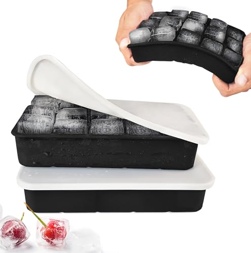 Ice Cube Tray 2 Pack, Silicone Freezer Trays with 30 Ice Cube Moulds, Durable Design with Lid (Black)