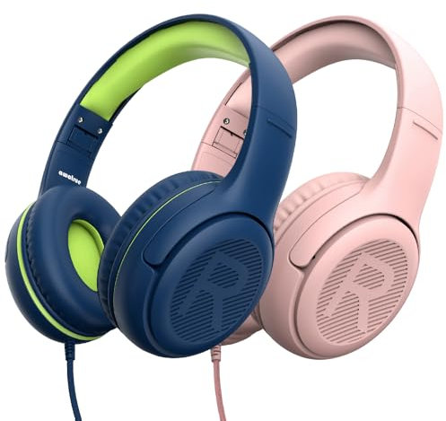 awatrue Casque d'écoute pour Enfants pour l'école avec Microphone 85/94 DB limiteur de Volume Jack 3,5 mm Casque Filaire Pliable avec Shareport pour Filles (Bleu Vert+ Pink)