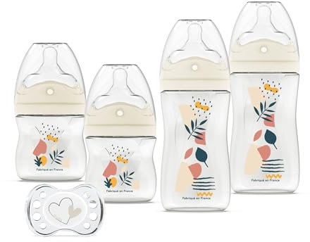 DODIE Lot de 4 Biberons Naissance, anti-colique, Tetine Multi-Perforée (2x150mL et 2x270mL), une sucette naissance, Terracotta
