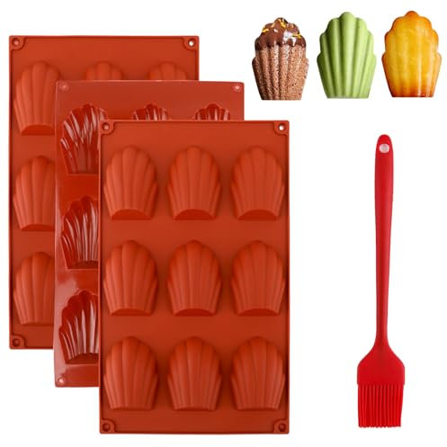 3 Pezzi Stampo Madeleine, Stampi per Madeleines in Silicone 9 Cavità Forno Stampo per Madeleine Torta Forma di Conchiglia con Pennello per Cioccolato, Budino, Gelatina, Fare Pasticceria, Caramelle