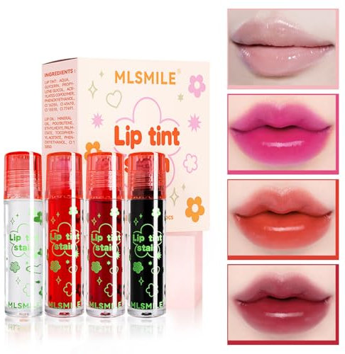 4Colors Lip Tint Stain Set Long Lasting Waterproof, Lightweight, Non-sticky Water Tint Hydrating Lip Gloss Plumping Lip Oil Tinted Lip Glaze Makeup Cosmetic for Women