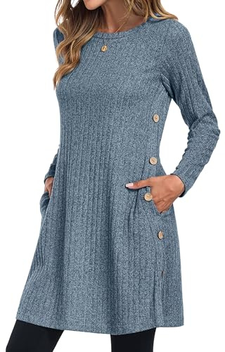 GRECERELLE Womens Winter Jumper Dresses for Women UK Ladies Dresses Tunic Knitted Long Sleeve with Pockets Side Buttons Dress