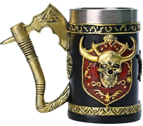 ZONSUSE Viking Axe Tankard,Skull Beer Mug,Viking Stainless Steel Coffee Cup,Medieval Vintage Beer Stein, Large Vikings Mug,Theme Party Decor,Personalized Gifts for Men Father Dad Husband 600ml (Axe)