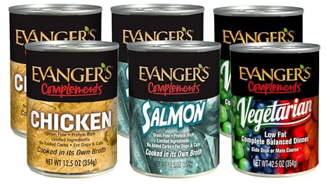 Evanger's Complements Canned Dog & Cat Food Variety Pack – 6 Count, 12.5 oz Each – Single-Ingredient Chicken, Salmon, and Low Fat Vegetarian Recipes – Grain-Free