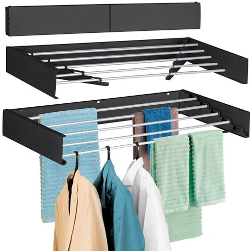 FOCHIER F Laundry Drying Rack Wall Mounted Clothes Drying Rack Collapsible 31.5 Wide with 13.2 Linear Ft and 5 Aluminum Rods Drilling Template Long Screwdriver Bit 60 lbs Capacity (Black, 31.5)
