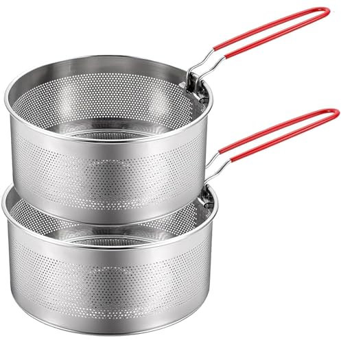 Set di 2 cestini per alimenti in acciaio inox, scolapasta con manici rimovibili, Cesto scolapasta in metallo Cesto per friggitrice, scolapasta da cucina per lavare, drenare, friggere, cuocere a vapore