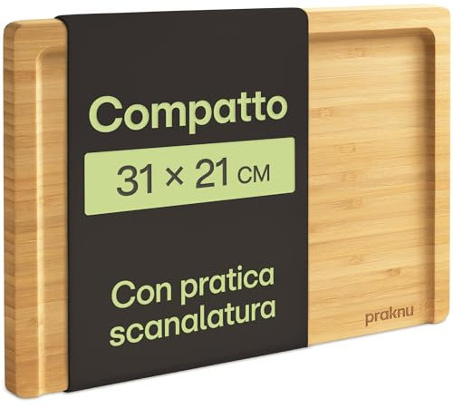 Praknu Tagliere da Cucina in Legno con Scanalatura Per Succhi – Compatto 31,5 X 21,5 Cm – Reversibile Tagliere In Bambù Fsc® Per Verdure, Carne e Piatti - Pratico e Salva-spazio