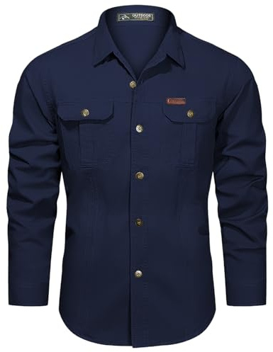Casey Kevin Camisas de Trabajo de Algodón para Hombre, Camisas de Militar de Manga Larga con Botones Ropa Cargo para Exteriores, 2 Bolsillos, Ajuste Regular