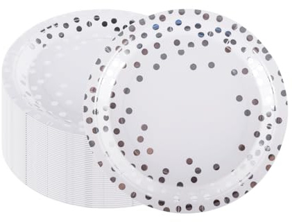 CEILIWEN Confezione da 50 piatti di carta da 23 cm, motivo a pois bianchi e argentati, per matrimoni, anniversari, Natale ed eventi, decorazioni per feste color argento