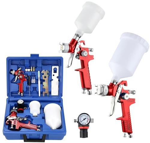 HVLP Gravity Feed Air Spray Gun Set, 2PCS Adjustable HVLP Paint Sprayer Gun, with 0.8mm/1.4mm Nozzles, 125ML/600ML Cup, Pressure Gauge, for Car Furniture House Painting