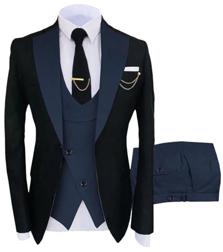 Completo da Uomo 3 Pezzi Slim Fit Smoking da Cerimonia Nuziale Doppiopetto Blazer Gilet Pantaloni Set Abiti Grandi e Alti per Uomo Blu Navy Piccolo