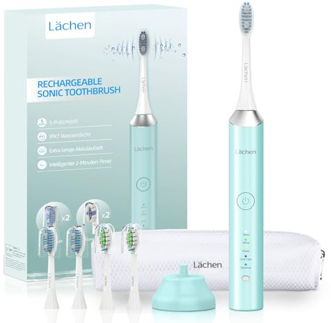 Lächen Elektrische Zahnbürste, 5 Modi Elektrische Schallzahnbürste mit Reise-Etui 4 Aufsteckbürsten, 2 Minuten Timer,USB-Ladung für 60 Tage, IPX7 Wasserdicht (Türkis)