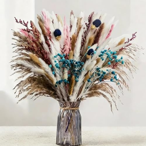 Kiswleon 110 Unidades de Hierba Seca Grande de 44 cm, Decoración Bohemia con Gypsophila, Bunny Tails Secas, Hierba de Pampas, Decoración para Salón, Pasillo, Mesa de Comedor, Baño