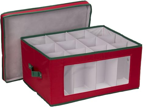 Household Essentials Holiday Stemware Storage Chest for Balloon Styled Glasses, Red with Green Trim