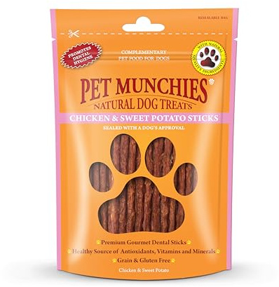 Pet Munchies Chicken and Sweet Potato Dog Treats, Healthy Grain Free Dental Sticks with Natural Real Meat 90g