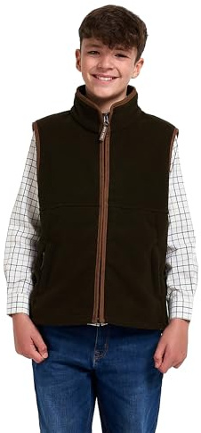 JACK PYKE Junior Kids Countryman Thermal Fleece Gilet – Warm 300g Sleeveless Outdoor Bodywarmer with Zipped Pockets and Faux Leather – Country Style Vest for Boys & Girls - Dark Olive, Size 7-8 Years