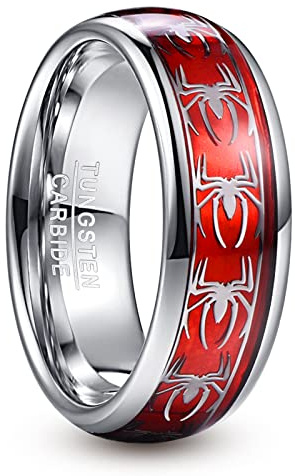 NUNCAD Bague Rouge avec Araignées Argentée/Noire Anneau en Tungstène Plaqué Argent avec Papier Opale Alliance pour Homme Femme Taille 52(16.6) à 70(22.3)