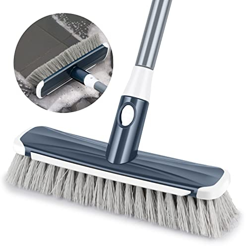 Floor Brush Sweeping Broom, Floor Scrubbing with Long Handle Adjustable 2 in 1 Scrape and Brush Stiff Bristle Cleaning for Deck, Bathroom, Kitchen, Tub, Patio, Tile