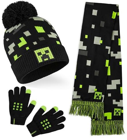 Minecraft Gorro Invierno Set de 2 o 3 Piezas, Gorro Pompón y Guantes con o sin Bufanda, Accesorios de Invierno, Regalos Niños (6-14 Años, Negro/Verde Minecraft, 3 Piezas)