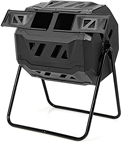 S AFSTAR 43 Gallon Outdoor Compost Bin, Dual Chamber Compost Tumbler W/2 Sliding Doors & Gloves Included, Large Capacity Composting Bins, Garden Rotating Tumbling Composter for Patio Yard Lawn (Black)