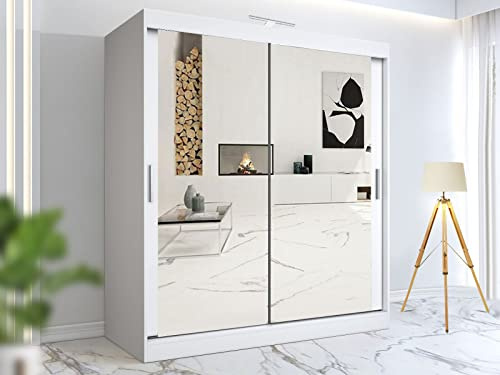 RAC3 Wardrobes for Bedroom with Mirrored Sliding Door & LED Light Premium Wardrobe Storage with Sleek Design comes in Colours Black/White/Grey/Oak- Different Sizes from 120cm - 250cm (White, 203cm)