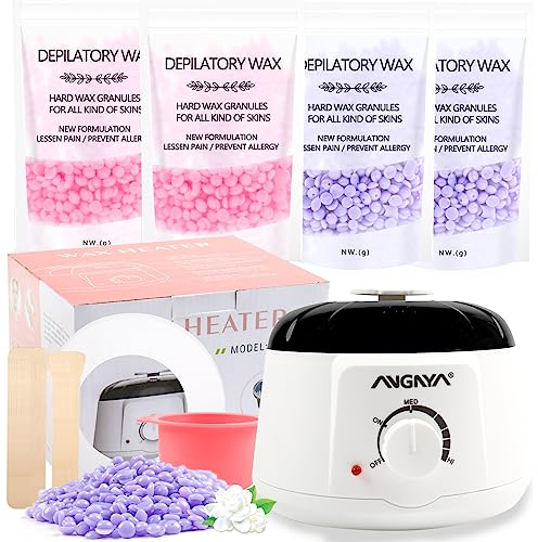 ANGNYA Waxing Set Wachswärmer set mit Hartwachsperlen 400g und Wachsheizspateln 20 Stück, einem Silikontopf und sauberen Papierringen 5 Stück