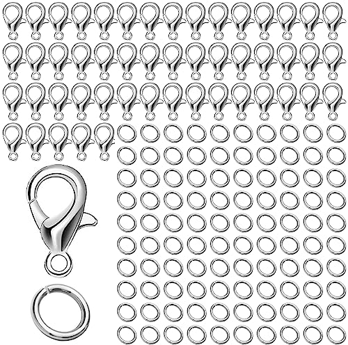 Chiusure per braccialetti,Chiusure per collane,Ganci per collane DIY,Chiusure collane,Gancetti per collane,Chiusure per gioielli,50pcs Chiusure Moschettone+100pcs Aperto Anelli Salto(Argento)