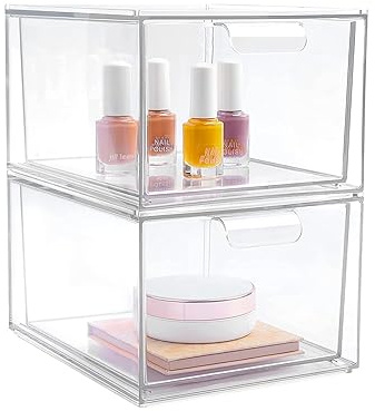 Hniuyun 2 Pack Stackable Makeup Organizer Drawers, Clear Acrylic Storage Box with Handles for Bathroom Vanity Countertop Kitchen Cabinet Undersink, and Pantry Organization