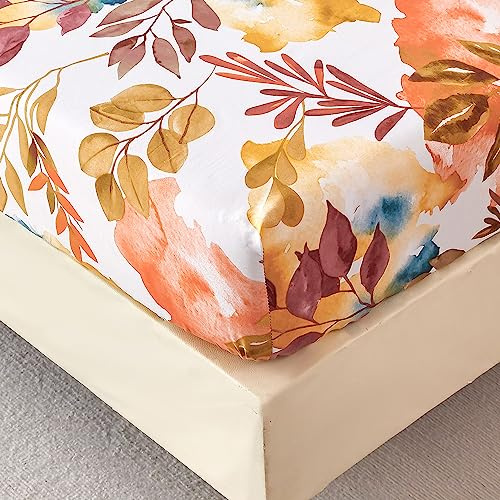 Spannbettlaken 200x200 cm - Bunte Herbst Blumenmuster - Spannbettuch Bis 30 cm Matratzenhöhe - Bettlaken Weiche Polyester-Mikrofaser Senfgelb