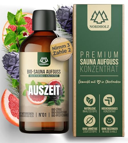 NORDHOLZ® Saunaaufguss BIO #1 Auszeit intensiv & authentisch [100% Naturreine Bio Öle] Sauna Aufguss Konzentrat mit Zirbe, Grapefruit & Pfefferminze - Manufaktur aus Bayern