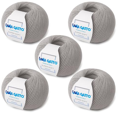 Strickgarn 100% reine Merino-Schurwolle Extra-Fine, line Super Soft von Lana Gatto Made in Italy, hochwertiges Garn zum Häkeln und Handstricken, 250g 625 Meter, (Hellgrau - 20741, 5)