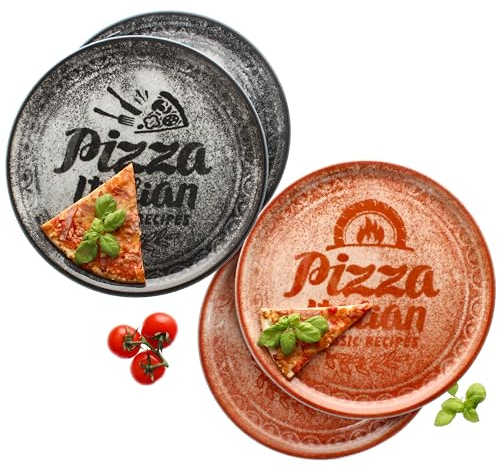 MamboCat 4er Set Pizzateller rot & schwarz I Ø 31 cm I für 4 Personen I große Pizzateller aus Porzellan mit Dekor & Schrift I für Pizzen oder zum Anrichten I XL-Speiseteller, Servierplatte