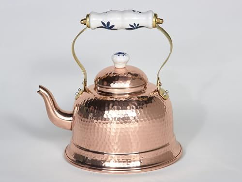 Tetera de Cobre Artesanal Martillado con Mango de Cerámica 1,5 Litros, Estilo Turco