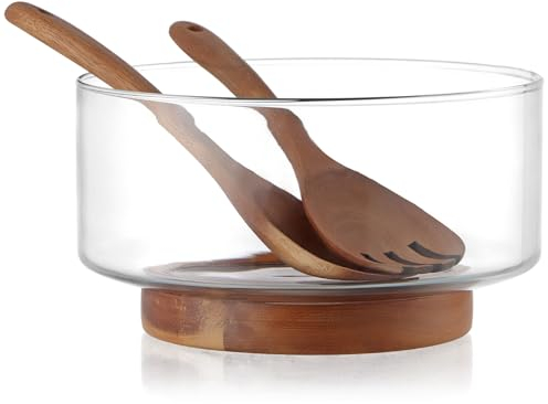 MDLUU Large Glass Salad Bowl with Wood Utensils Set, Serving Bowls for Salad, Layered Fruit Trifle