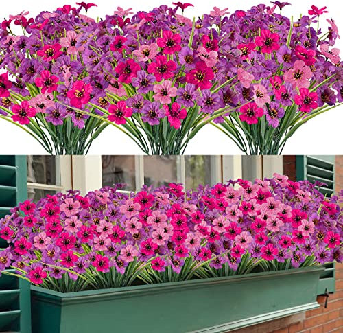12 Bundles Outdoor Artificial Flowers, Indoor Decorative Fake Flowers for Home Garden Wall Wedding Party, Fake Flowers for Outside Planter Window Box (Pink Purple Fuchsia)
