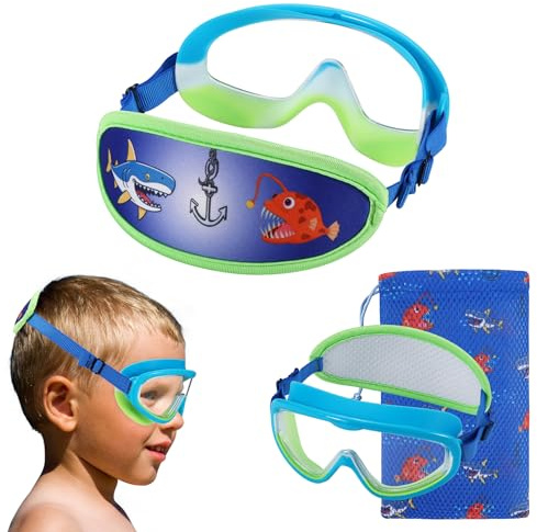 HYDROCOMFY Kids Goggles Swimming 4-7, Childrens Goggles No Hair Pull, Blue Shark Boys Swimming Goggles UV Protection/Anti-fog