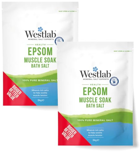 Westlab - Reviving Epsom Salt - 2kg Resealable Pouch - 100% Natural, Pure & Unscented Mineral Salts - Supports Sleep and Relieves Aching Muscles (Packing May Vary). (Pack of 2)