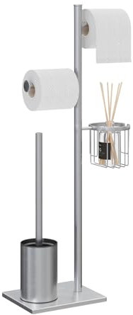 Porta carta igienica Set in acciaio inox spazzolato, autoportante, completo di scopino WC e cestino porta oggetti, perfetto per organizzare il bagno con eleganza e praticità