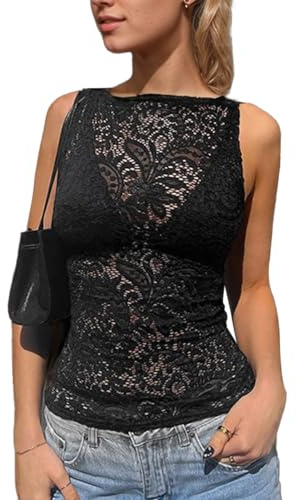 EMOTTOS Top da Donna in Pizzo Canotta, Sexy Trasparente Maglietta Senza Maniche, Y2K a Rete Maglia con Gilet Floreale Ricamato, Top Spalle Scoperte Slim Fit Mode Clubwear Going out, Nero, S