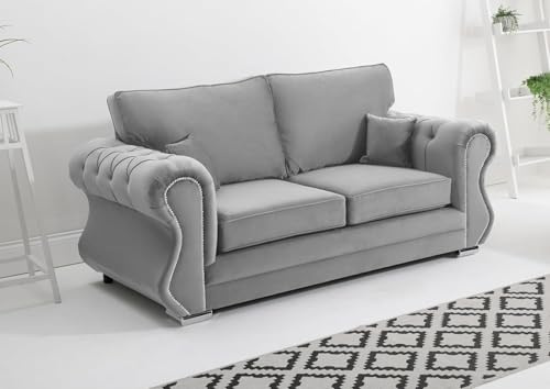Sofahub Falcon Silver 3 Seater Sofa | Plush Fabric Sofa Settee Couch Lounge Sofa Living Room Furniture Chrome Legs | Foam Cushions | Premium Upholstered Couch | Button Detailing & Silver Stud Trim