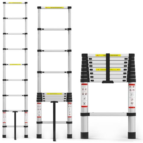 Escalera telescópica de 2,6 m, fabricada en aleación de aluminio Druable, escalera extensible portátil con estándares EN131, escalera de techo, pies antideslizantes, escalera plegable máxima para