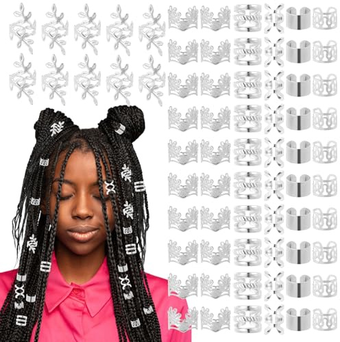 Ouligay Lot de 70 accessoires de cheveux argentés pour tresses, dreadlocks, bijoux Loc pour cheveux tressés, vikings réglables en spirale, pinces à cheveux, accessoires pour cheveux