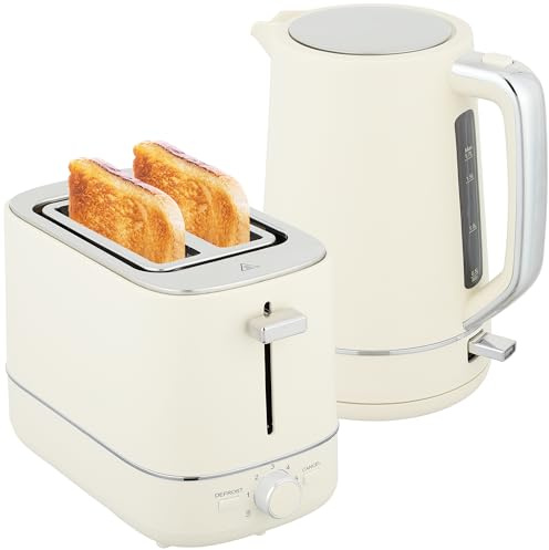 HOMCOM Wasserkocher Toaster Set 2200 W 1,7L Wasserkocher, 2 Scheiben Toaster, 6 Bräunungsstufen, Aufwärmen und Auftauen, Frühstück-Set mit Kalkfilter & Krümelfach, UK Otter Thermostat Beige