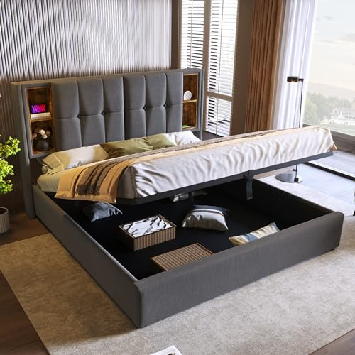 5ft King Size Upholstered Bed Frame with Hydraulic Lift&Storage Headboard, Functional Upholstered Ottoman Bed with USB Tyep-C Wireless Charging, Linen Hydraulic Storage Bed with Slat, No Mattress,Grey