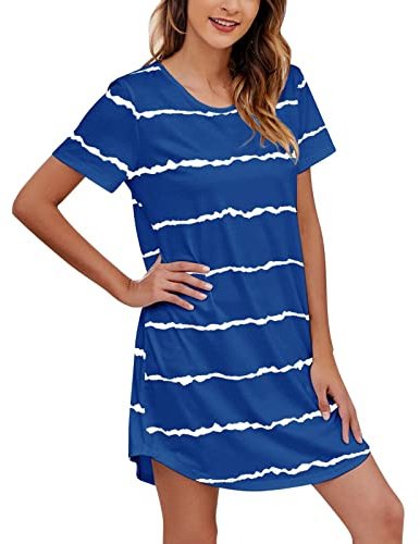 Chemise de nuit à manches courtes en coton pour femme - Chemise de nuit courte pour femme - Grande taille - Col rond - Rayures - T-shirt ample - Pull de nuit léger décontracté et doux, bleu, XL