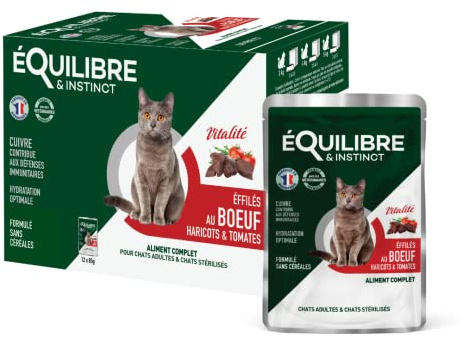 EQUILIBRE & INSTINCT - Chat Stérilisé - Sachet Nourriture Humide Boeuf - Maintien des défenses immunitaires - Recette Complète formulée avec des vétérinaires - 12x85g - Fabriqué en France