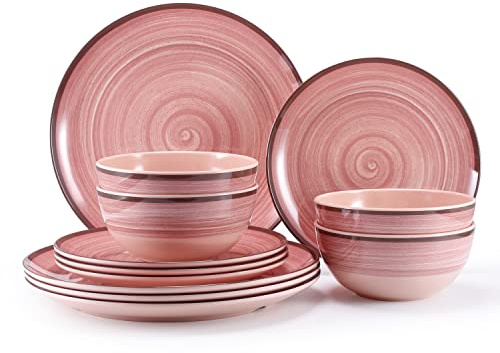 Teller und Schüsseln Set für 4 - 12er Set Melamin Teller Set Tafelset Unifarben Schönes Partyteller Set für Hochzeitsfeier Spülmaschinenfest BPA frei (Mars)