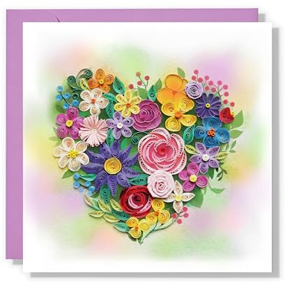 TUMYBee Love Anniversary Greeting Card, Handmade 3D Quilling Card for Love Friend Mom Birthday, Wedding, Engagement, Mothers Day, Heart Shaped, Luxury Paper Card with Envelope (Heart Flower)