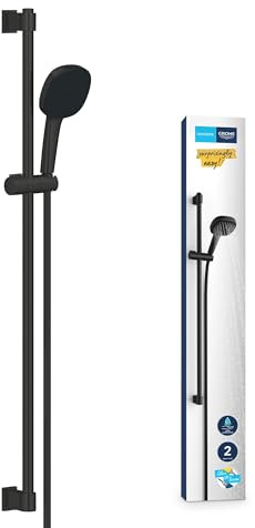 GROHE Vitalio 110, Duschset wassersparend, 8l pro Min (Brausestangenset mit Duschkopf 2 Strahlarten, 1,75m Schlauch, Duschstange 90cm, zum Kleben oder Bohren, ohne Kleber), eckig, schwarz, 269302431