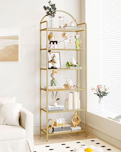 Hzuaneri 6 Tier Bookcase Bookshelf, Tempered Glass Bookshelves, Slim Shelving Unit for Bedroom, Bathroom, Home Office, Steel Frame, Gold BC21699G